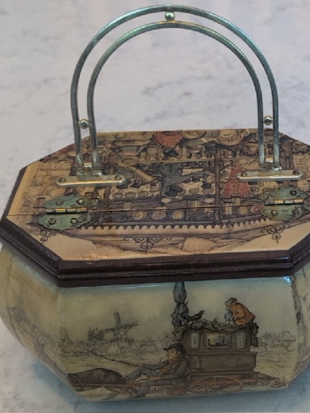 Vintage Anton Pieck Wood & Decoupage Jewelry Box Handbag - Picture 3 of 16